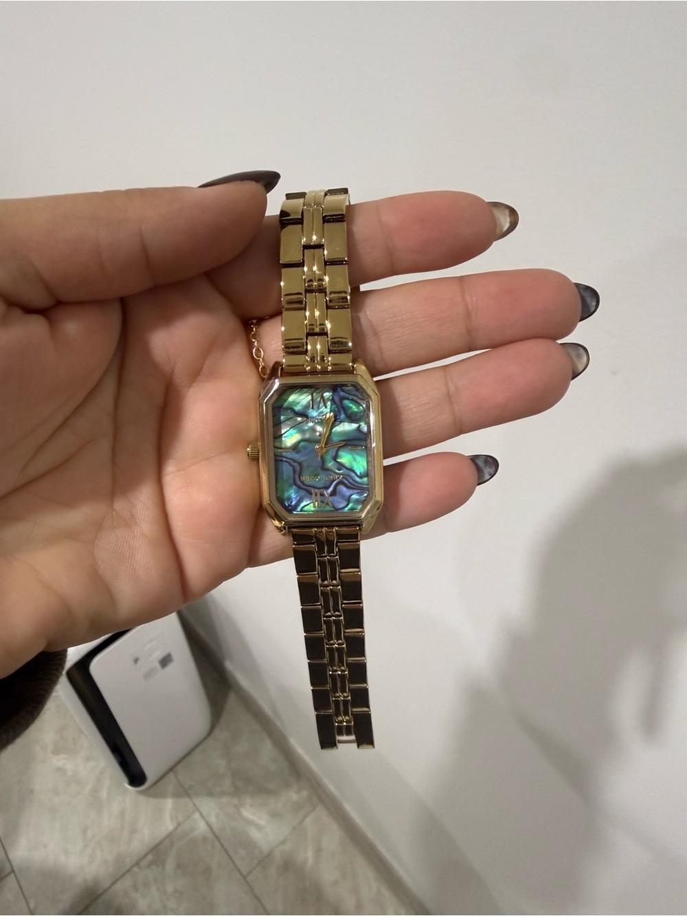 Anne Klein Gold-Tone Bracelet Watch with Iridescent Abalone Dial